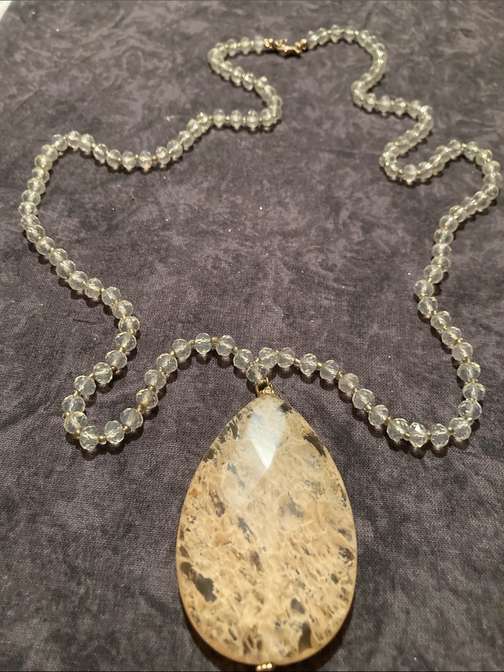 Beige Teardrop Stone Pendant Necklace with Clear Faceted Bead Chain